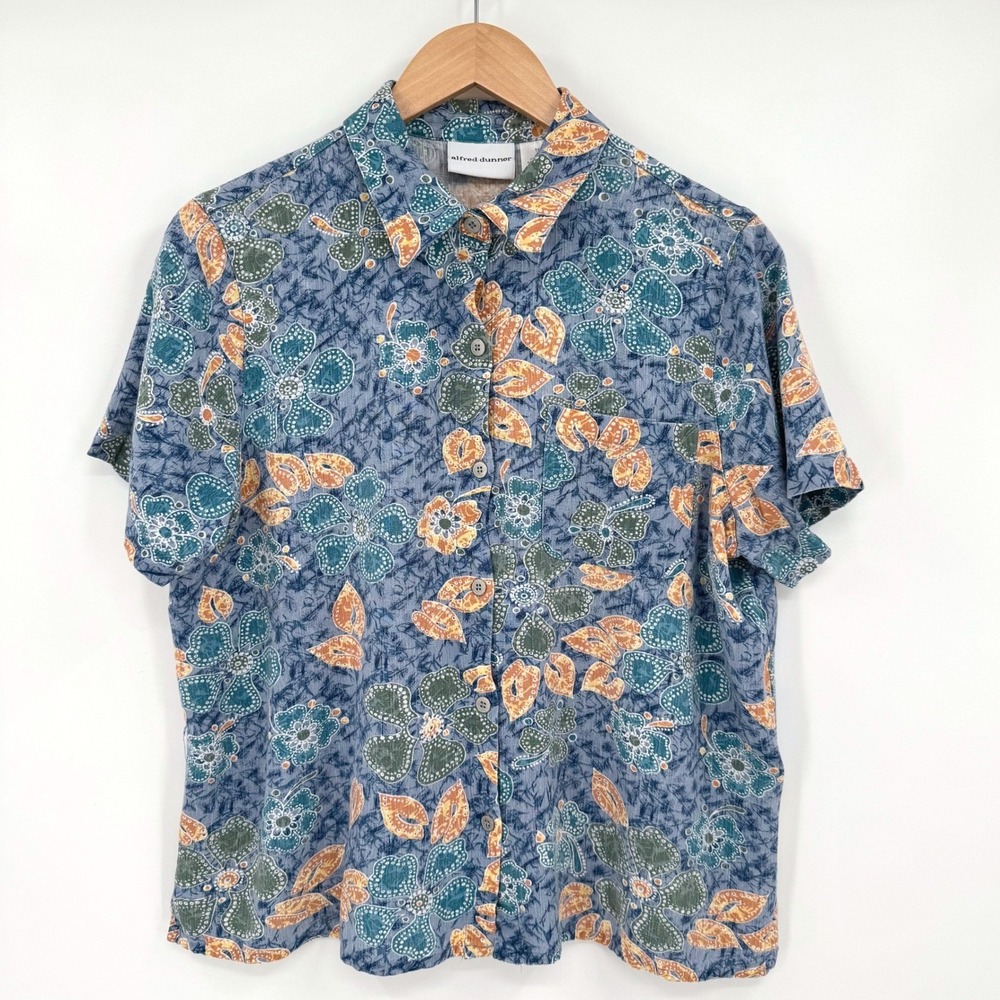 Alfred Dunner Blue Orange Tropical Floral Button Down Shirt Womens 16 (fits m/l)